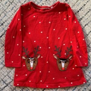 Mini Boden Red Polka Dot Reindeer Applique Long Sleeve Kids Dress 3-4Y